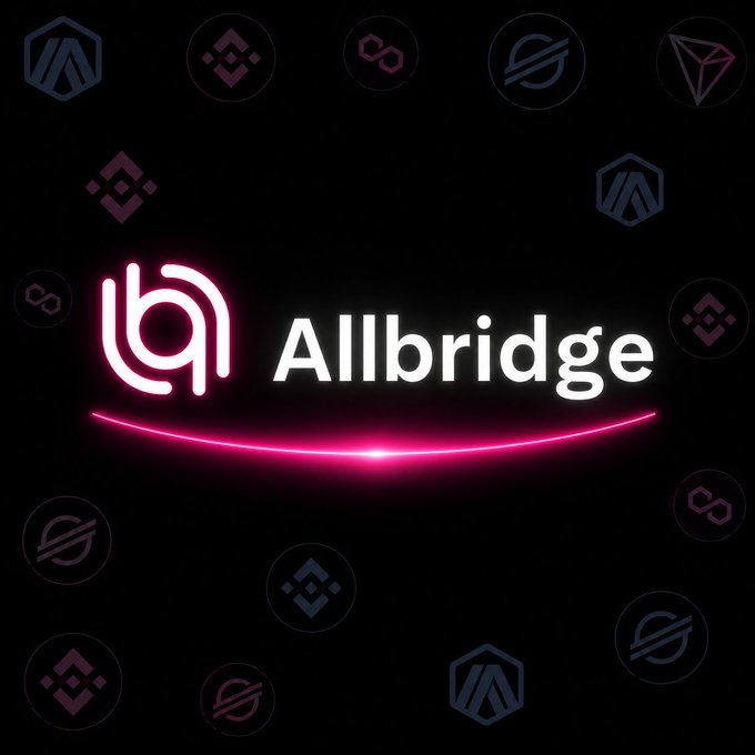A neon-style logo features a pink icon and the white text 'Allbridge' with a glowing pink underline, set against a dark background with faint cryptocurrency symbols.