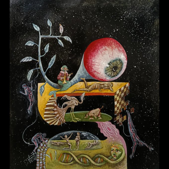A surreal painting featuring a giant eyeball, a reclining figure, a bird-like creature, and various symbolic figures against a starry black background.
