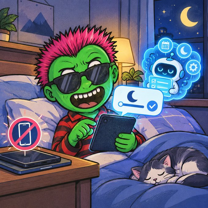An illustration of a green-skinned character with pink spiky hair wearing sunglasses, sitting in bed at night using a tablet, accompanied by a sleeping cat and an AI assistant icon displaying night mode settings.