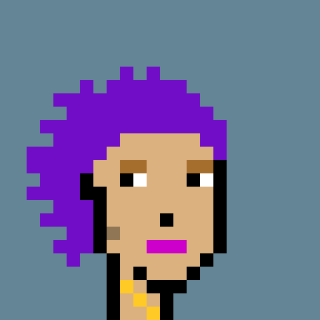 A pixel art illustration of a character with vibrant purple, voluminous hair, wearing a yellow top, set against a plain light blue background.