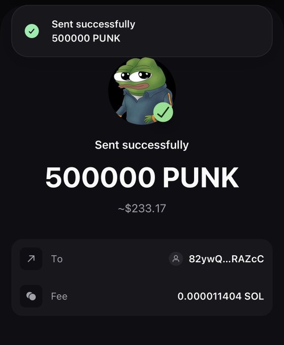 A successful crypto transaction confirmation screen showing 'Sent successfully 500000 PUNK' valued at ~$233.17, sent to address 82ywQ...RAZcC with a fee of 0.000011404 SOL, featuring a Pepe frog mascot.