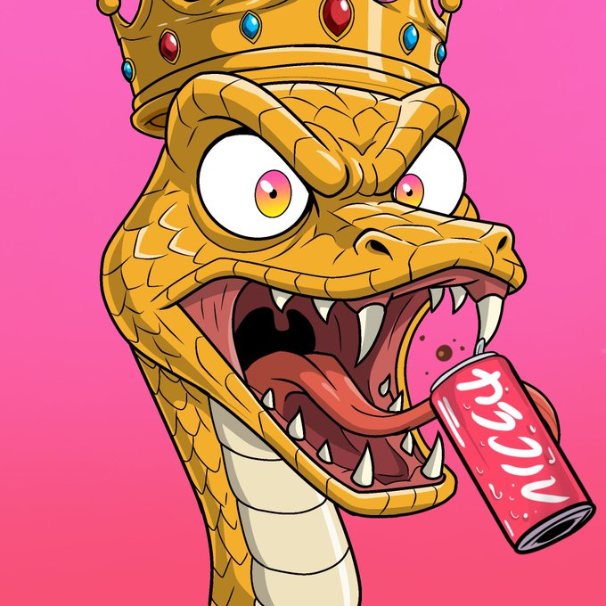 The image features a cartoon snake with its mouth open, holding a can of soda. It appears to be biting into the soda can while wearing a gold crown, which gives off an aggressive or angry vibe. This painting-style illustration is set against a pink background and accompanied by some text that reads "giving away 9x GTD wl spots for @Hissclubnft + 4x GTD for my subs" and "@Hissclubnft", possibly indicating the artist's name or the title of the artwork.