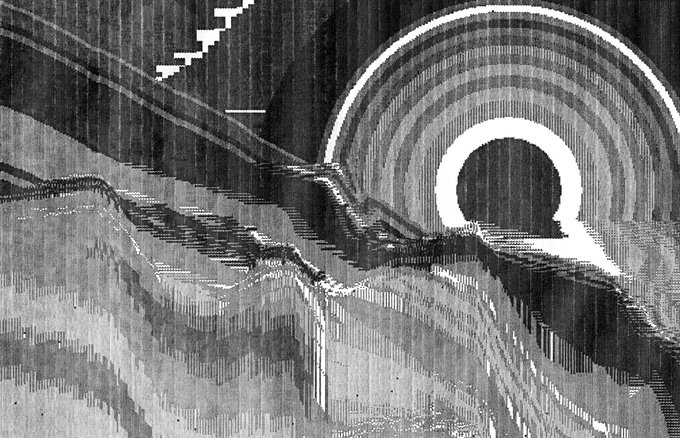 A clearer black-and-white image with visible moiré patterns depicting a large circle (resembling an 'Omega' symbol) over a textured, stepped surface.