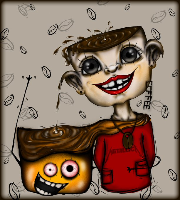 A cartoon-style digital illustration shows a girl with an open head filled with coffee, wearing a red 'METALLICA' shirt, standing next to a smiling cup of coffee with spilling coffee beans.