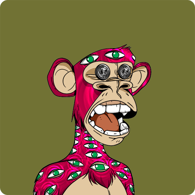 A cartoon illustration of a pink Bored Ape-style monkey character covered in eyes, with mechanical eyes instead of pupils and an open, shouting mouth.