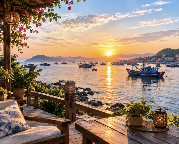 A scenic sunset view from a wooden patio overlooking a bay filled with fishing boats, with mountains in the distance and flowering vines in the foreground.