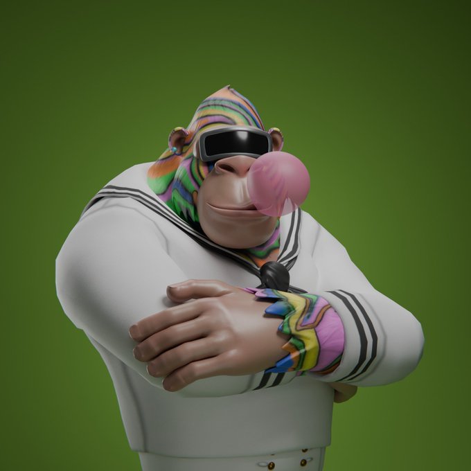 A muscular, rainbow-striped ape wearing a VR headset and white tracksuit blows a pink bubblegum bubble with arms confidently crossed. The image humorously visualizes the "me holding ape today" post, depicting a flashy, jacked simian in a "diamond hands" pose.