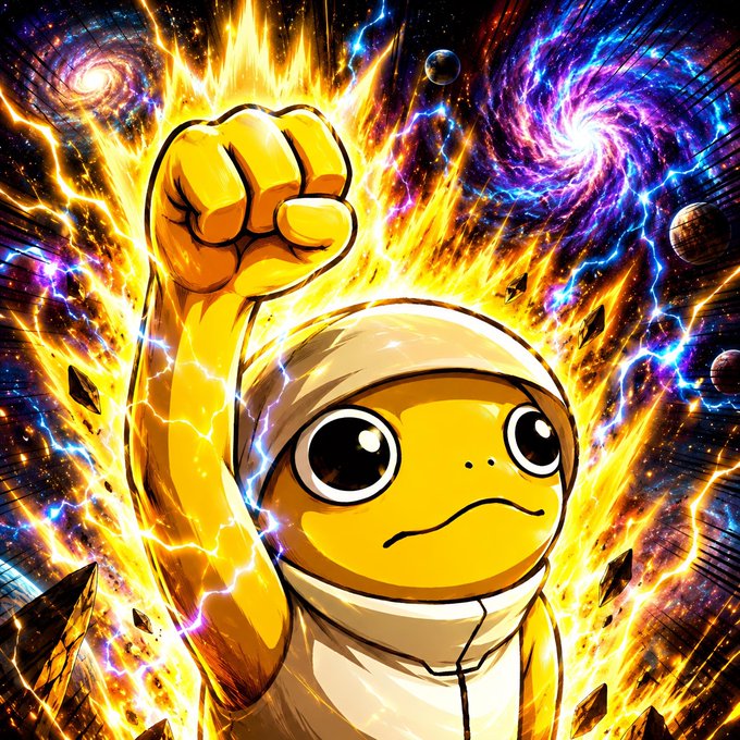 A determined yellow emoji-like character in a white hoodie raises a fiery fist against a dramatic cosmic background of swirling galaxies, lightning, and planets, embodying the rallying spirit of "$TURBO Fam." The image visually amplifies the post's call to action, with the character's determined expression and explosive energy symbolizing community solidarity and momentum.