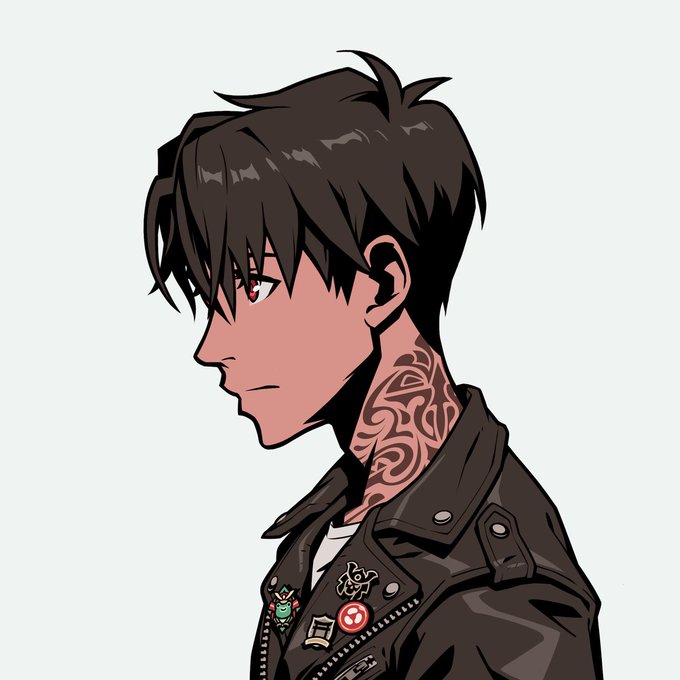 An anime-style illustration of a young man in profile with dark spiky hair and a neck tattoo, wearing a black leather jacket with several decorative pins.