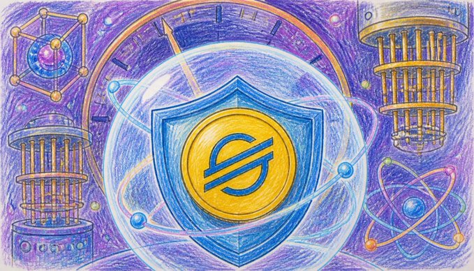The image features a colorful illustration of a shield with a symbol, possibly a shield or a shield with a sword, surrounded by various elements such as clocks, planets, and stars. The background includes a purple sky filled with planets and stars, creating an atmosphere reminiscent of outer space. The caption "As expected from Stellar If it's a token that will be used in the future, this is essential $XLM Faces the Quantum Era - Stellar'S 3-Phase Defense Plan". This suggests that the image is related to a project or initiative involving the use of tokens and the development of defense plans for outer space exploration.