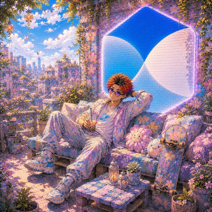 A young man with red hair lounges on a floral-patterned couch, holding a stylus in a rooftop garden setting with a pixel-art logo and a decorated skateboard nearby. The image evokes the casual confidence of someone who has already "picked their direction," mirroring the post's theme of backing an expressed view in TermMaxFi's Alpha Pick League.