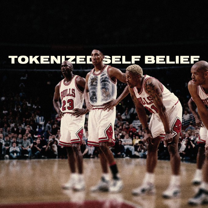 A stylized image of multiple Chicago Bulls players (including #23 Michael Jordan) standing on the court in their red and white jerseys, overlaid with the text 'TOKENIZED SELF BELIEF'.