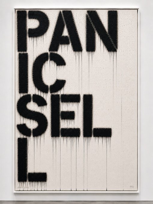 A framed artwork features the word "PANICSELL" in large, dripping black spray-paint-style lettering arranged in stacked blocks across a canvas background. A small "992" appears in the bottom right corner, tying to the post's "GMGM FRENS" reference, possibly indicating a series edition number for the "Good Morning Good Morning Frens" community.