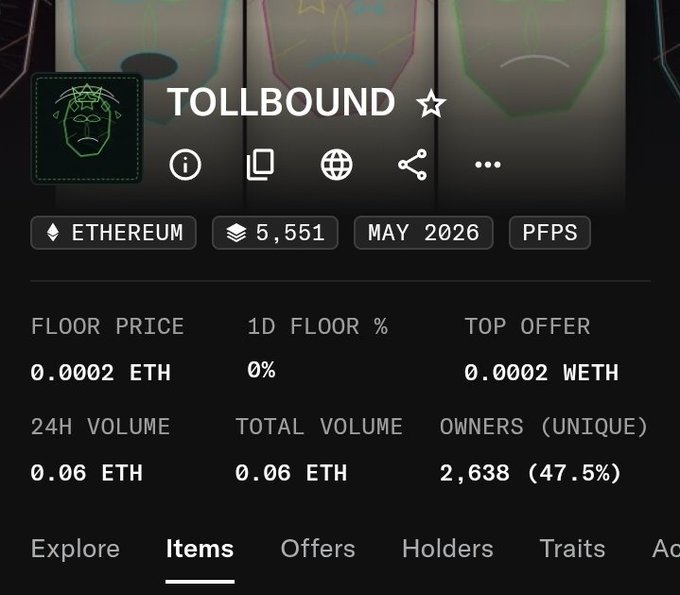 The image shows a screenshot of an itemized list, possibly from a cryptocurrency trading app or website. The main focus is on the "Tollbound" item, which has a price of 0.06 Ether. This information can be helpful for users who are interested in investing in cryptocurrencies like Bitcoin and Ethereum.