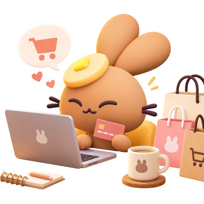 A happy, kawaii-style bunny with a pancake on its head happily uses a laptop with a credit card, surrounded by shopping bags, a coffee mug, and a shopping cart thought bubble—capturing the "just one book" online shopping temptation that fits the playful, consumer-themed mystery stock post.