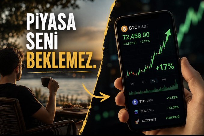 The image features a split scene: on the left, a relaxed man sips coffee by the water during sunset, while on the right, a smartphone displays a Bitcoin (BTC/USDT) chart showing BTC at $72,458.90 with a +7.17% gain and an arrow pointing upward, reading "PİYASA SENİ BEKLEMEZ" ("The market doesn't wait for you"). This visual perfectly illustrates the accompanying post's message about missing big crypto moves when you step away from your screen for just a few hours to spend time with friends.