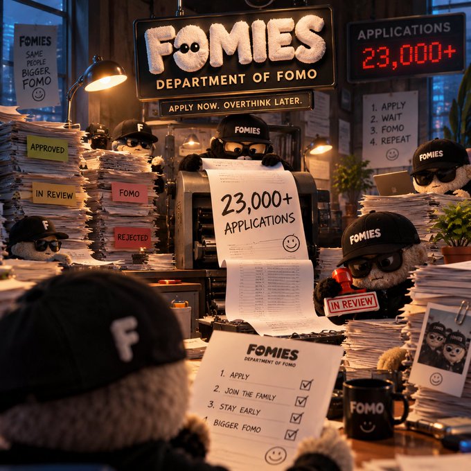 A satirical digital artwork depicting the 'FOMIES DEPARTMENT OF FOMO' with teddy bears wearing sunglasses and 'FOMIES' caps processing over 23,000+ applications amidst mountains of paperwork.