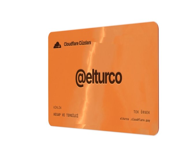 An orange Cloudflare Cüzdanı (Cloudflare Wallet) card with the handle '@elturco' printed on it, featuring Turkish text 'KİMLİK HESAP VE TEMSİLCİ' and 'TEK ÖRNEK' along with the URL 'elturco.cloudflare.pay'.