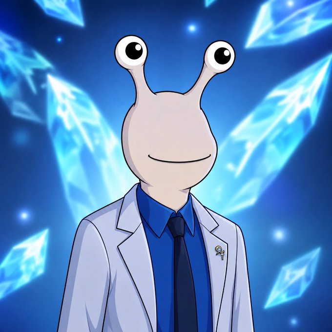 An anime-style snail character in a blue shirt, tie, and white lab coat stands confidently against a background of glowing blue crystalline shards, aligning with the "Gm CT NFTs" post's crypto/NFT community theme.