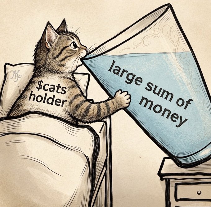 An illustration of a tabby cat sitting up in bed with the label '$cats holder' on its body, drinking from an enormous glass of water labeled 'large sum of money'.