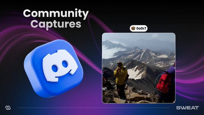The image displays a "Community Captures" graphic featuring the Discord logo alongside a photo by user "0o0r7" showing two hikers in winter gear overlooking a misty, mountainous landscape, promoting the $SWEAT token's presence atop Mount Alam-Kuh at 4,805m. The SWEAT branding appears in the bottom right corner, reinforcing the post's message about taking the cryptocurrency to extreme heights.