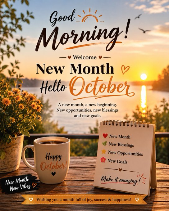 A 'Good Morning! Welcome New Month, Hello October' greeting graphic features a lakeside sunrise, a coffee mug, and a checklist of goals and blessings.