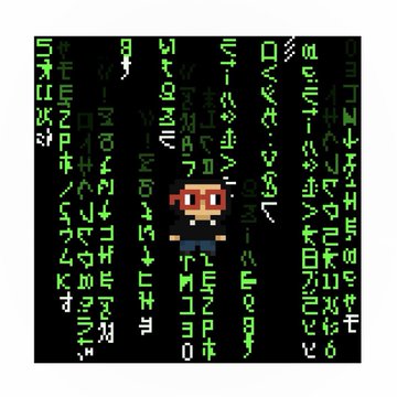 A pixel art illustration of a character with red hair falling down through a green matrix-style digital rain of Japanese characters.