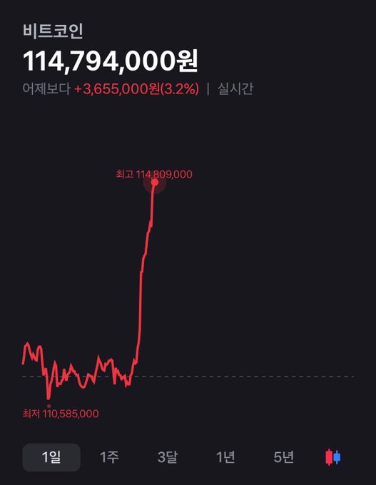 A real-time Bitcoin (비트코인) chart from a Korean trading app shows the price at 114,794,000원, up +3,655,000원 (3.2%) from yesterday, having just surged from a low of 110,585,000원 to a new high of 114,809,000원 within the 1-day view — visually capturing the sharp breakout the post refers to when asking whether anyone is buying 0.1 BTC before it really takes off.