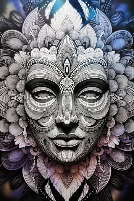 An intricate, stylized black and white illustration of a face surrounded by decorative floral and mandala-like patterns with subtle blue and purple accents.