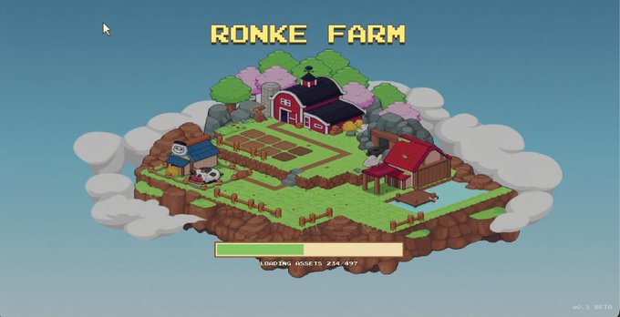 A pixel-art loading screen for a game titled 'RONKE FARM', showing an isometric view of a floating island with a farmhouse, windmill, and crops, with a loading bar indicating 'LOADING ASSETS 254/497'.