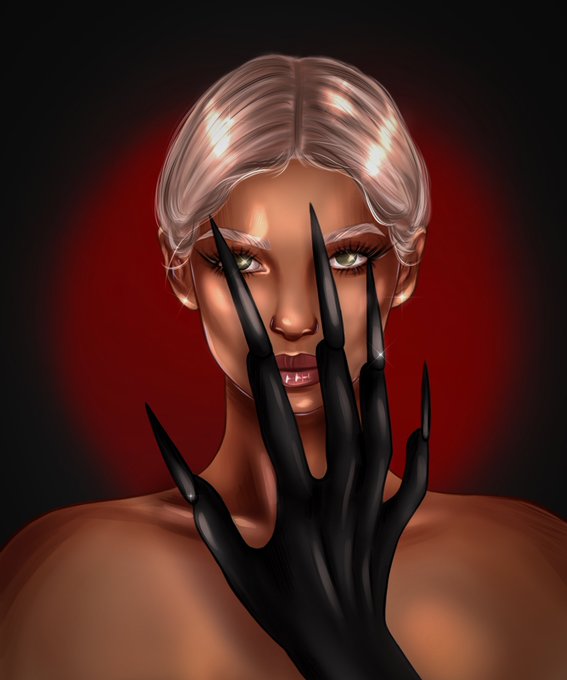 Digital artwork/digital painting of a person with short platinum/silver hair and green eyes, with a black-gloved hand with long claws covering part of their face against a dark red background.