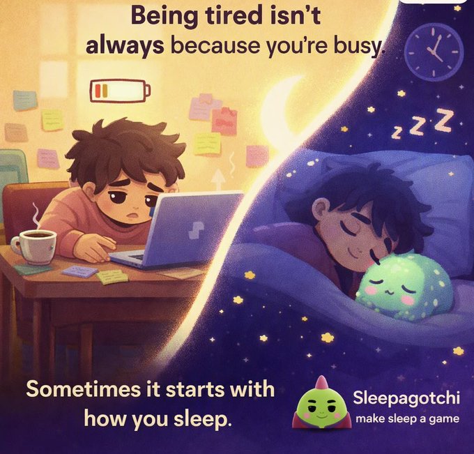 An advertisement for 'Sleepagotchi' shows an animated illustration contrasting a tired person at a laptop with someone peacefully sleeping, bearing the text 'Being tired isn't always because you're busy. Sometimes it starts with how you sleep.'