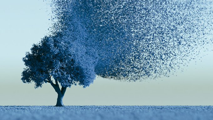 A lone tree stands as its canopy dissolves into a cloud of scattered blue fragments drifting across the sky, symbolizing how corporate carbon offset and reforestation pledges often evaporate into unverified promises. This visual metaphor aligns with the newsletter's focus on exposing the accountability gap, where over 90% of tree-planting commitments never deliver measurable results, and promoting blockchain transparency to close that gap.