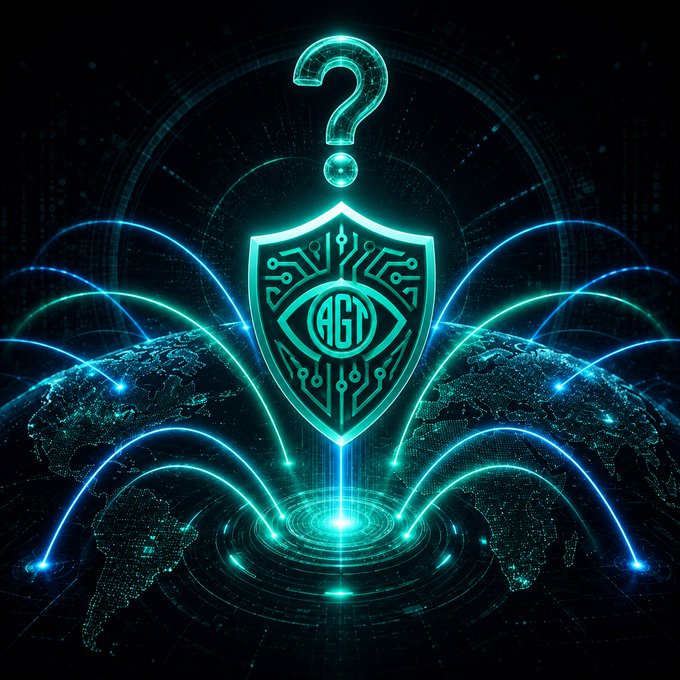 A glowing teal shield with the letters "AGT" on a circuit-board-style eye emblem sits above a digital world map, crowned by a bright question mark. The image reinforces the post's theme of anticipation and inquiry in Web3, visually posing the question about which feature comes next for the AGT project.