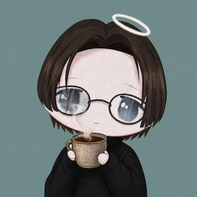 A chibi-style anime illustration of a character with short dark hair, round glasses, and a glowing halo, holding a steaming coffee mug.