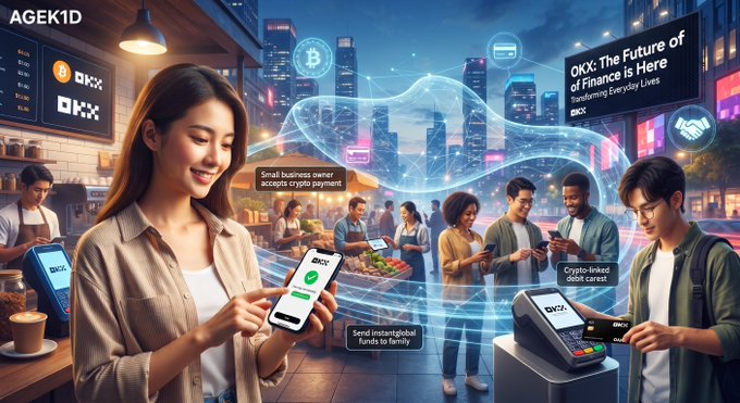 An AI-generated promotional image showing a woman using an OKX app on her phone in a cafe, with other people using OKX payment terminals and crypto debit cards, set against a city skyline with a banner reading 'OKX: The Future of Finance is Here'.