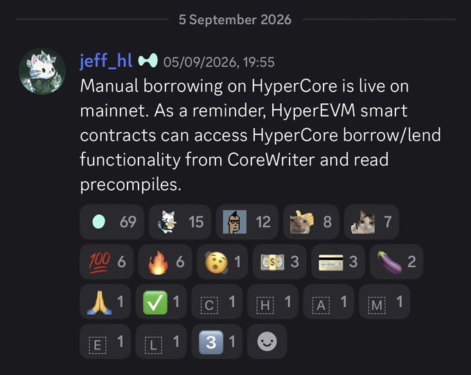 A Discord message from user 'jeff_hl' dated 5 September 2026 announcing 'Manual borrowing on HyperCore is live on mainnet,' with various emoji reactions totaling over 60 responses.