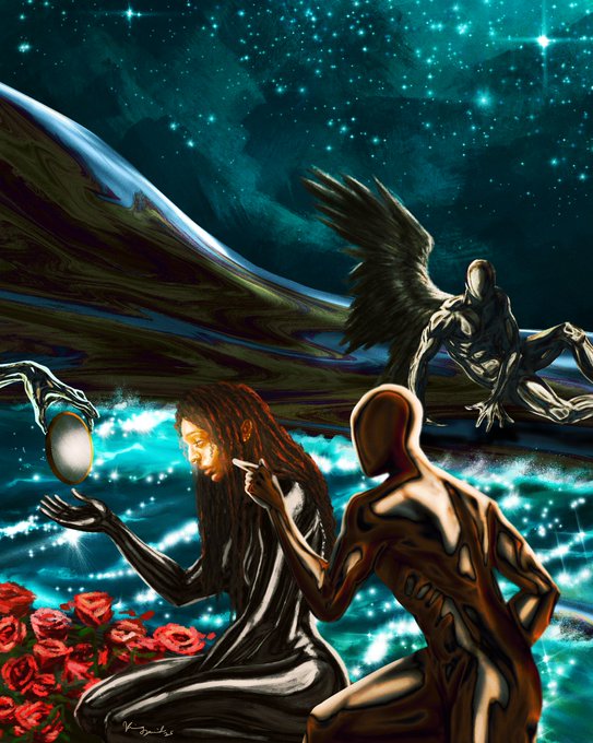 A surreal painting depicts metallic humanoid figures in a starry, ethereal environment; a winged figure sits in the background while two figures interact in the foreground near glowing water and red roses.