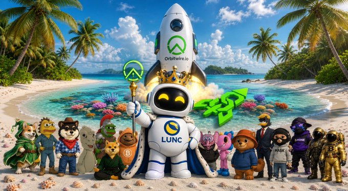 A tropical beach scene features a rocket labeled "Orbitwinnie.io" launching behind a crowned robot mascot wearing a "LUNC" shirt and holding a scepter, surrounded by various cartoon characters, a green upward arrow, and gold figures labeled "MASK" and "SAFENE." The image celebrates the LUNC community with a whimsical, triumphant "GM" (good morning) vibe, depicting the project and its supporters "launching" to new heights.