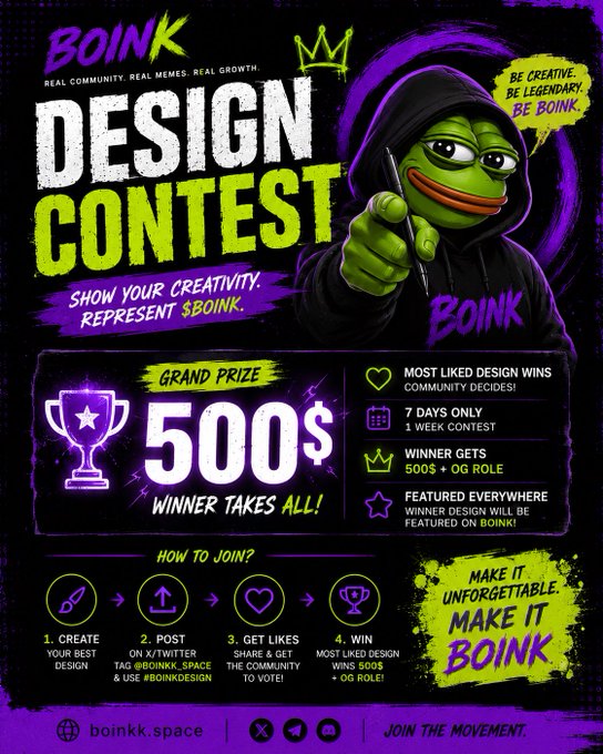 A purple and green poster for a Design Contest features a cartoon frog holding a paintbrush, with the text "Design Contest" and "BONK" at the top.