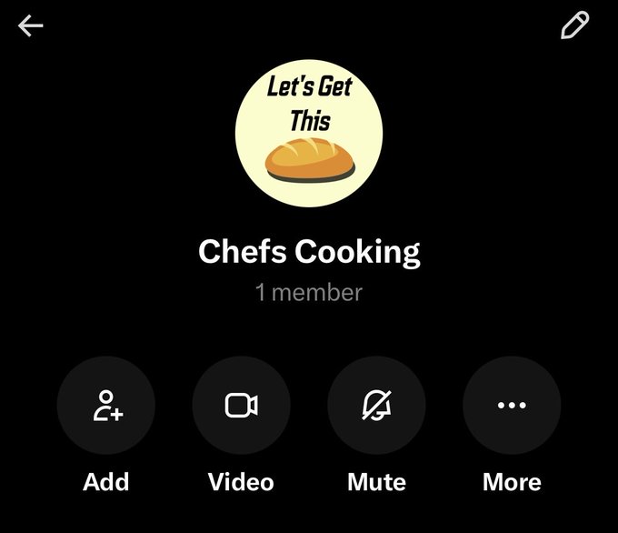 A chat or community screen titled "Chefs Cooking" with 1 member, featuring a circular avatar showing a loaf of bread that says "Let's Get This", with options for Add, Video, Mute, and More.