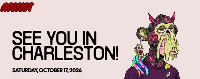 A promotional graphic for 'APEFEST' featuring a stylized cartoon character with a melting face, announcing 'SEE YOU IN CHARLESTON! SATURDAY, OCTOBER 17, 2026'.