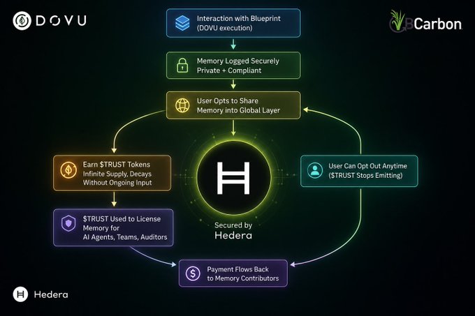 A flowchart illustrates DOVU's $TRUST token economy on the Hedera-secured Hashgraph, showing how user memories from Blueprint interactions are logged privately, optionally shared to earn $TRUST tokens, and licensed to AI agents and teams before payments flow back to contributors. The diagram visually reinforces the post's claim that DOVU is engineering trust through a tokenized memory-contribution system rather than simply tokenizing carbon assets.