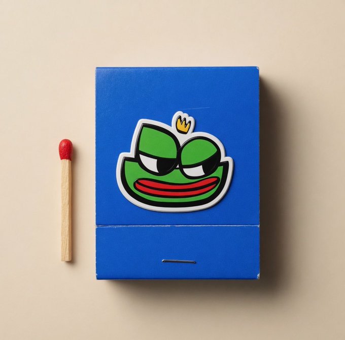 The image features a blue box with a cartoon frog sticker on it, accompanied by a red matchstick. The matchstick has a cartoon frog face on it as well. The background of the image is white, which makes the colors of the objects stand out more prominently.