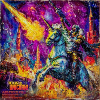 A vibrant, colorful fantasy poster titled 'THE BLAST OF THE UNICORN!' showing a knight riding a rearing unicorn and wielding a flaming sword.