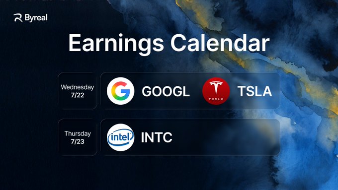 The image is an "Earnings Calendar" graphic by Byreal, displaying upcoming earnings reports: Google (GOOGL) and Tesla (TSLA) on Wednesday 7/22, followed by Intel (INTC) on Thursday 7/23. The graphic visually reinforces the post's message about a big earnings week and the trading opportunities available onchain through Byreal.