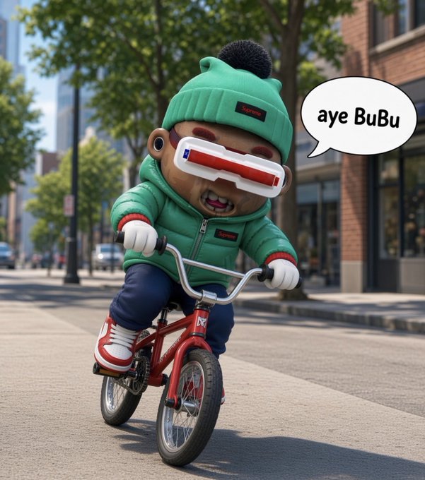 A 3D-rendered character wearing a green hoodie and pom-pom beanie rides a red bicycle down a city street, saying 'aye BuBu' in a speech bubble.