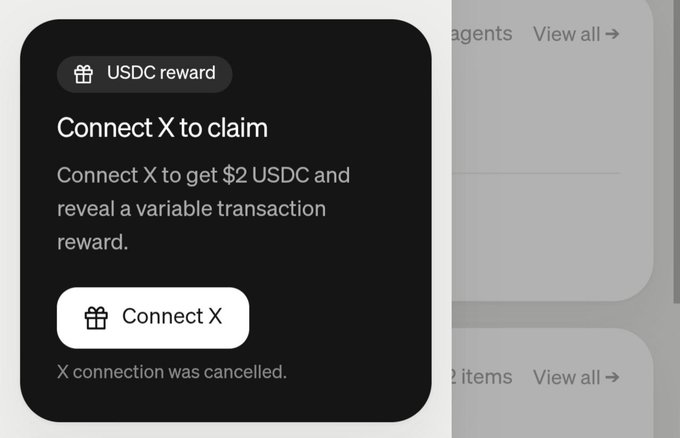 A dark modal window titled "USDC reward" prompts users to "Connect X to claim" $2 USDC plus a variable transaction reward, with the message "X connection was cancelled" displayed below the button. This relates to the post by showing the MoonPay/Paybox campaign interface where users must connect their X (Twitter) account to receive USDC rewards ranging from $2 to $1000.