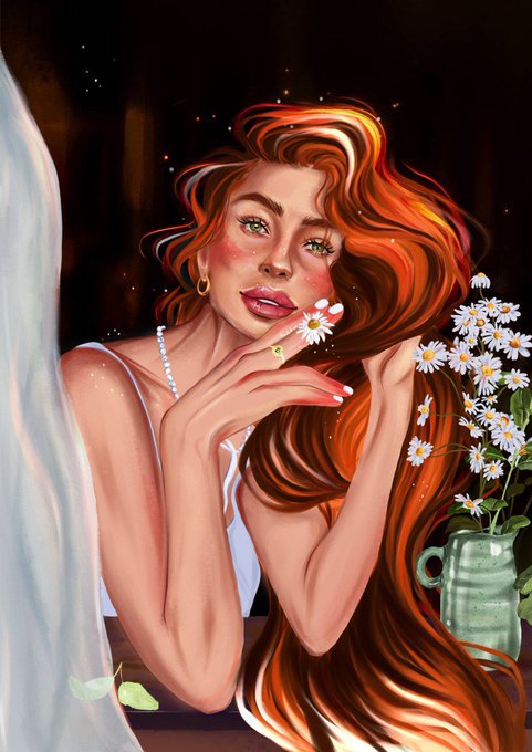 A stylized digital illustration of a woman with flowing red hair, freckles, and green eyes, holding a daisy near her face, with a vase of white daisies beside her.