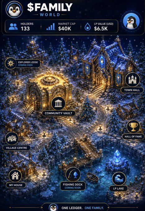 A promotional image for '$FAMILY WORLD' showing a winter village scene with various locations like Town Hall, Community Vault, Hall of Fame, and Village Centre; stats show 133 holders, $40K market cap, and $6.5K LP value.